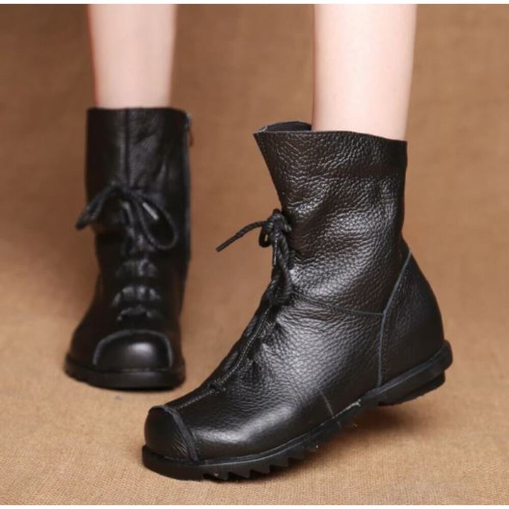 Bekeen Women's 7 Soft Black Leather Zip Lace Casual Ankle Boots